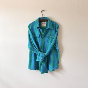 Hollister XL Super Soft Neon Green Blue Plaid Check Long Sleeve Casual Shirt